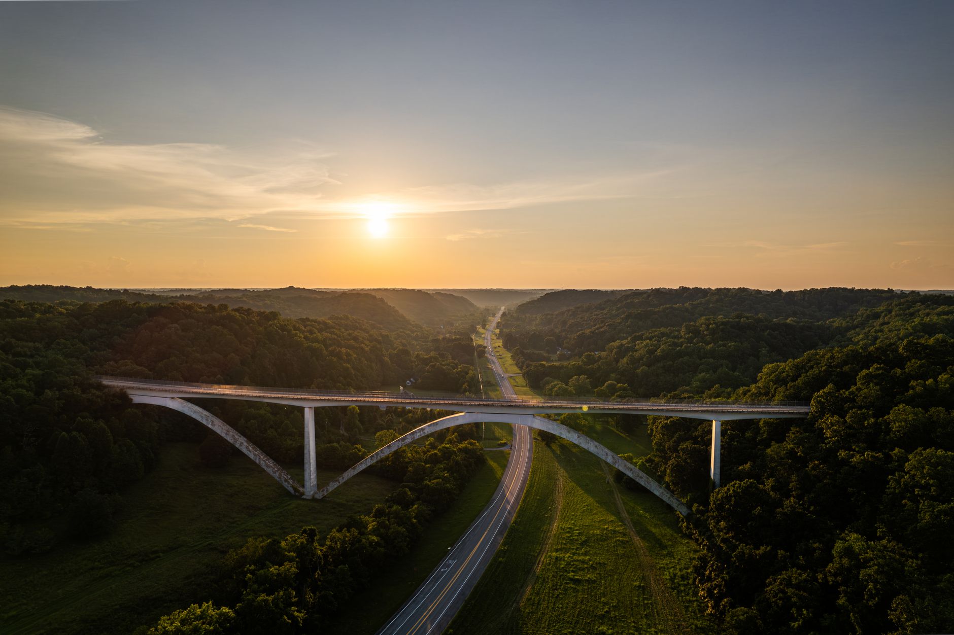 Aerial View Of Natchez Trace Bridge At Sunset